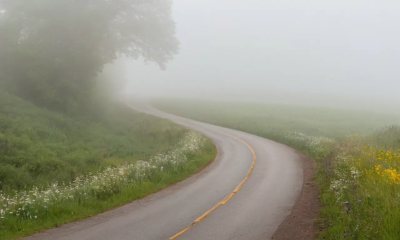 Niebla densa cubre un camino aislado