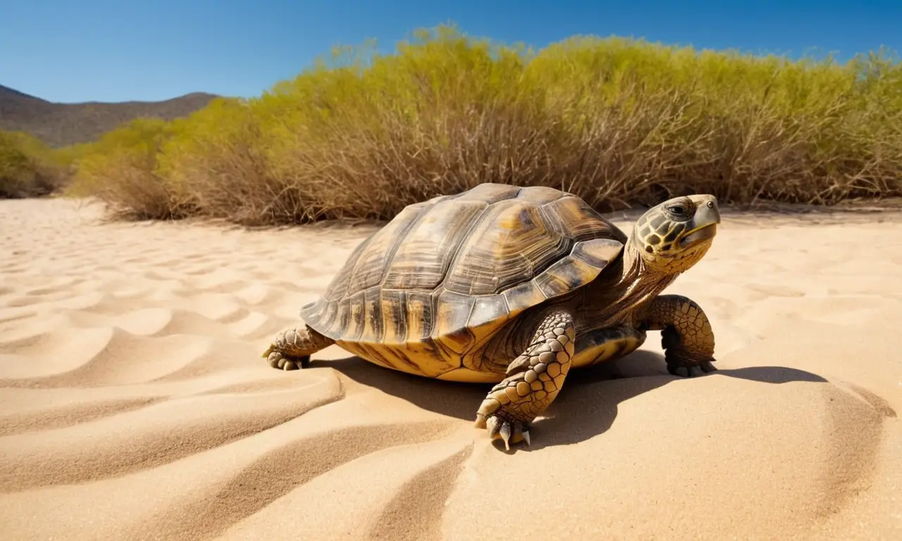 Tortuga en desierto bajo cálido sol
