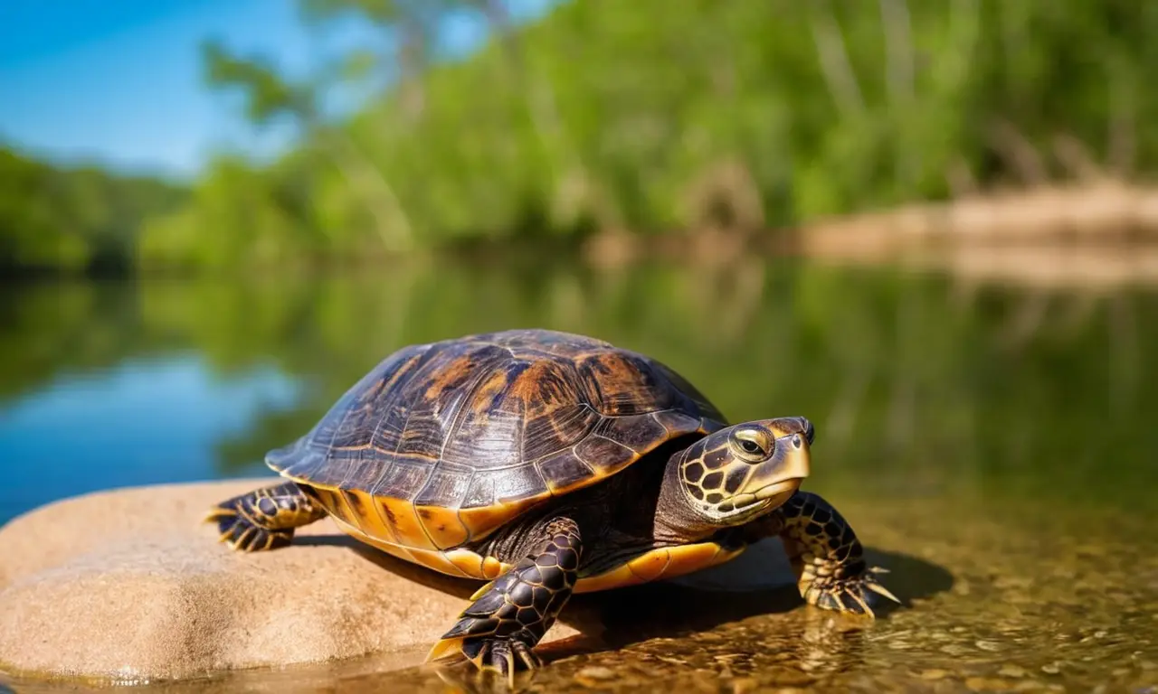 Tortuga detallada descansa en roca iluminada