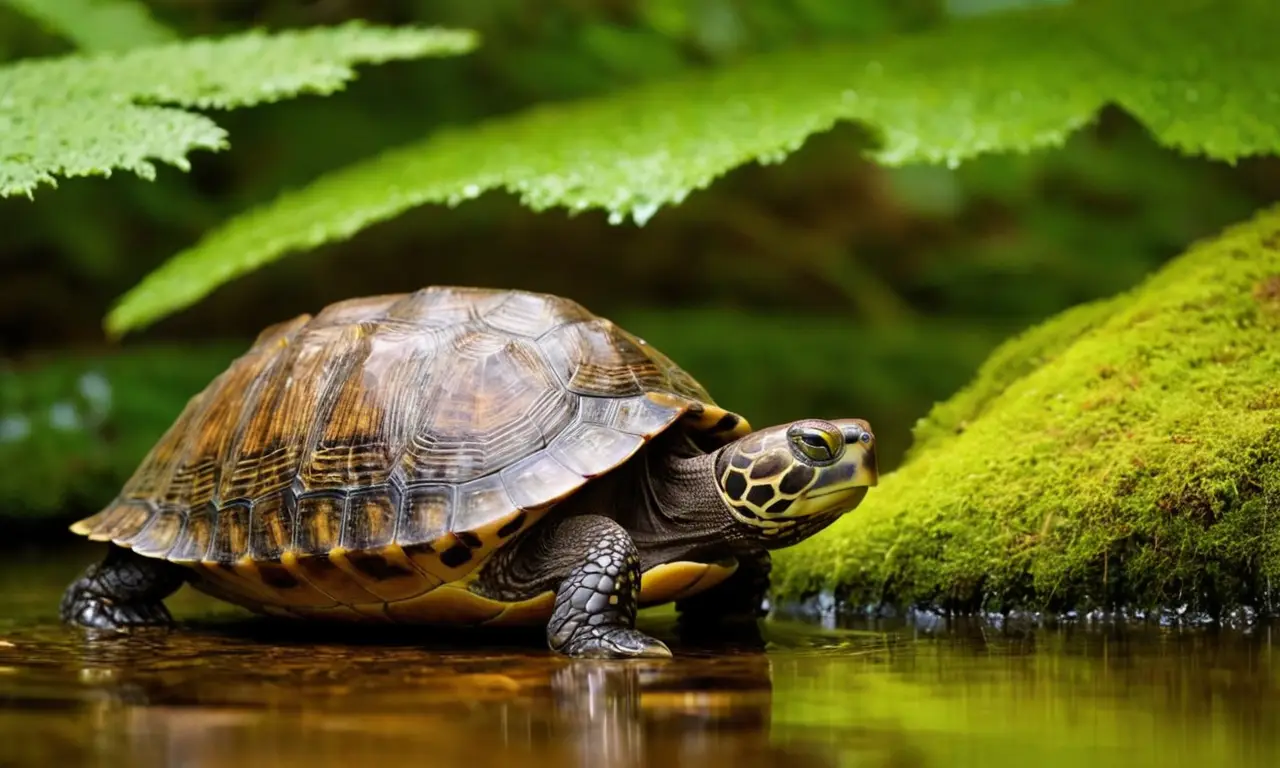 Bosque iluminado con tortuga y anfibio