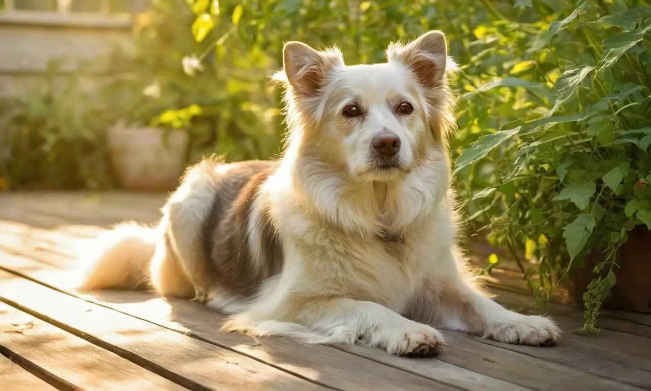 Perro anciano descansa en un porche soleado