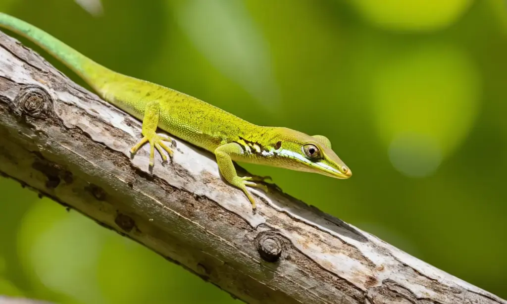 Un lagarto verde Anolis brilla bajo el sol