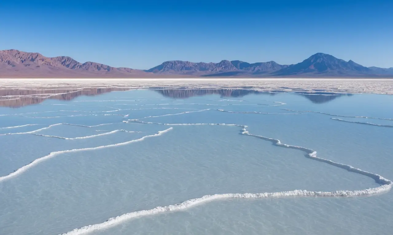 Salinas brillantes con lagunas y montañas