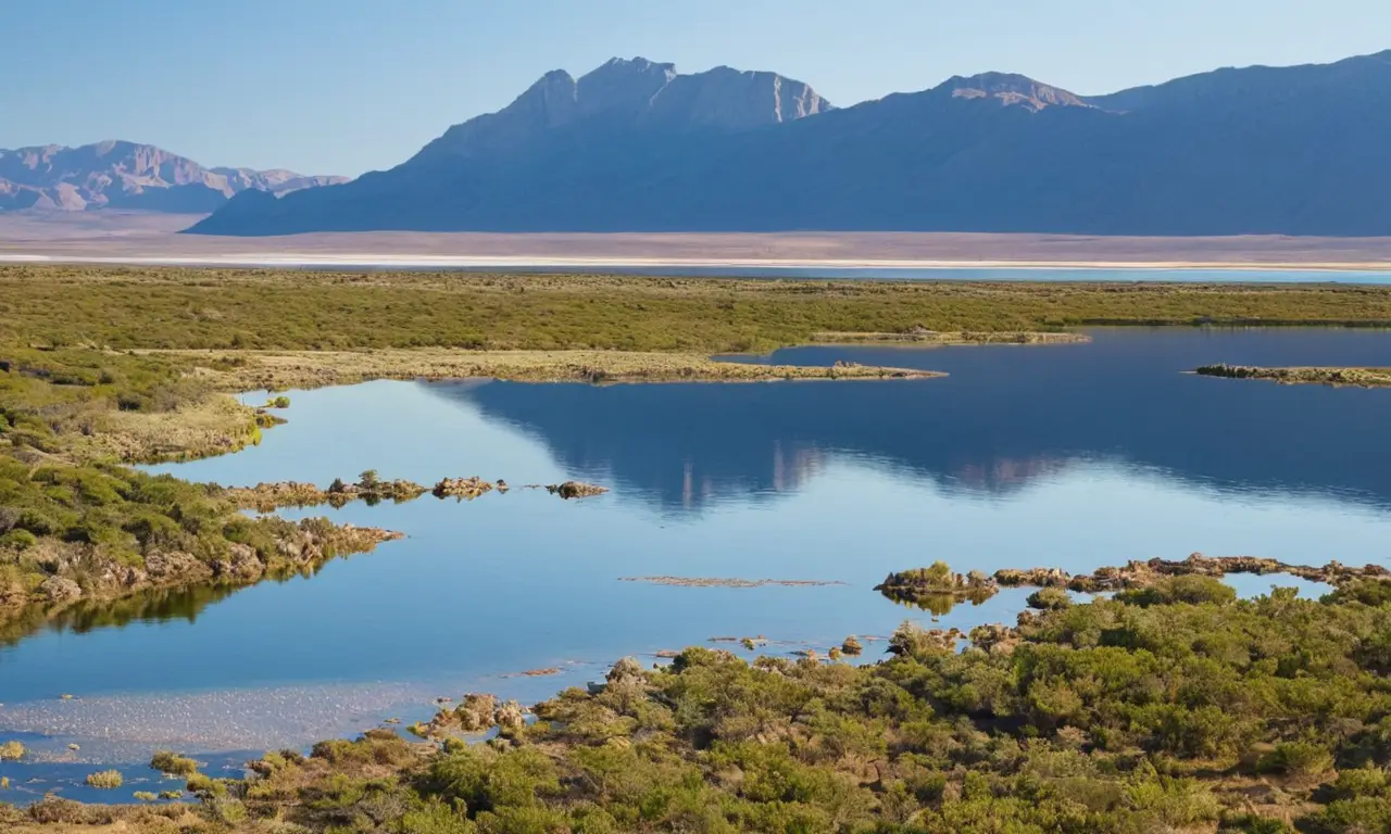 Lago salado brillante rodeado de desierto