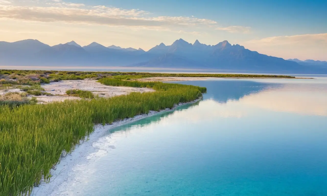 Lago salado sereno con naturaleza vibrante
