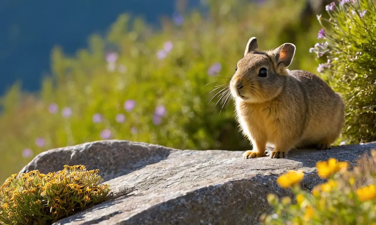 Pika en roca, flores y naturaleza vibrantemente hermosa