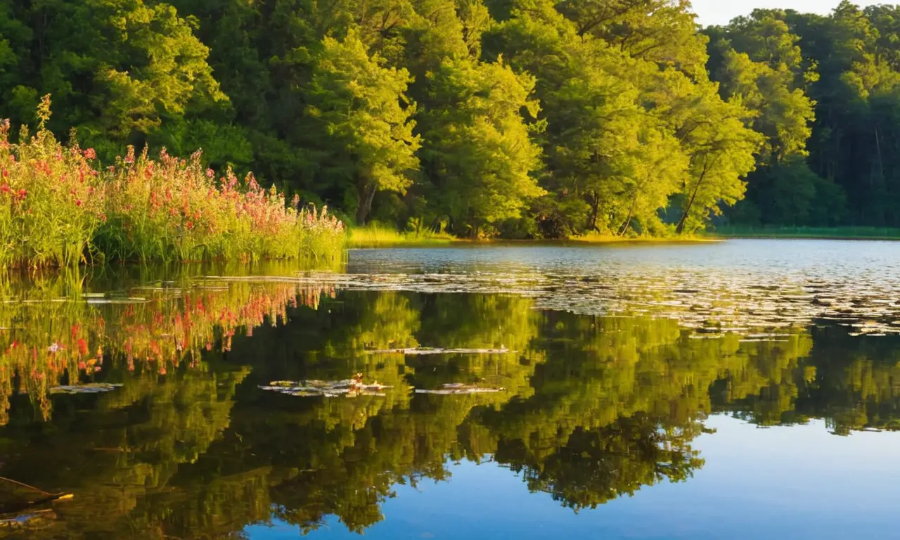 Lago tranquilo rodeado de naturaleza vibrante