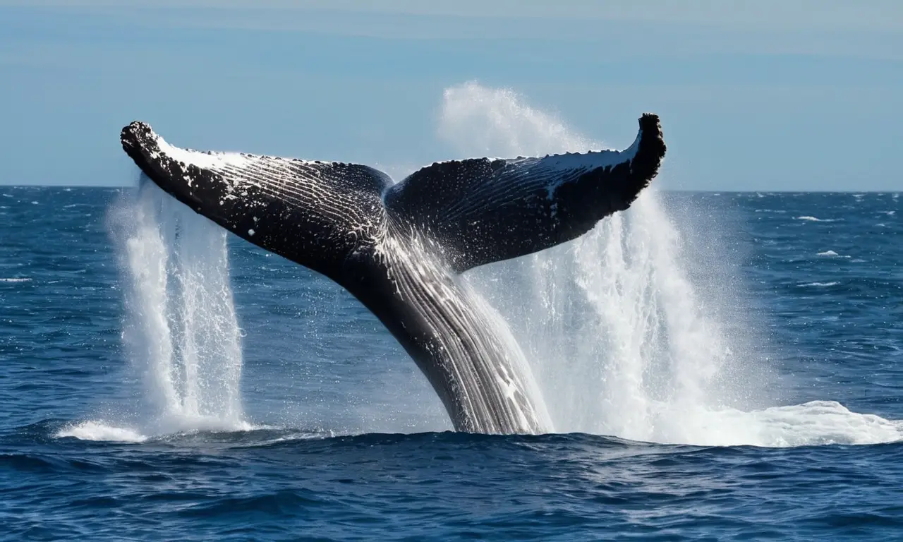 Ballena jorobada brecha en océano iluminado