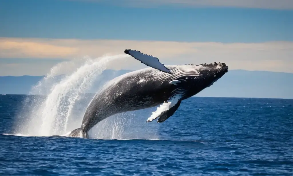 Ballena jorobada salta en un océano brillante