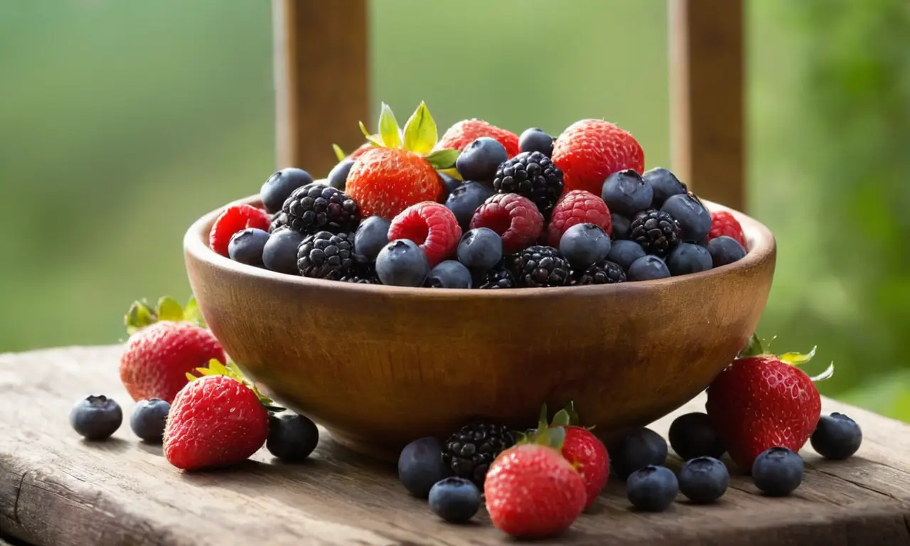 Berries frescas brillan en mesa rústica