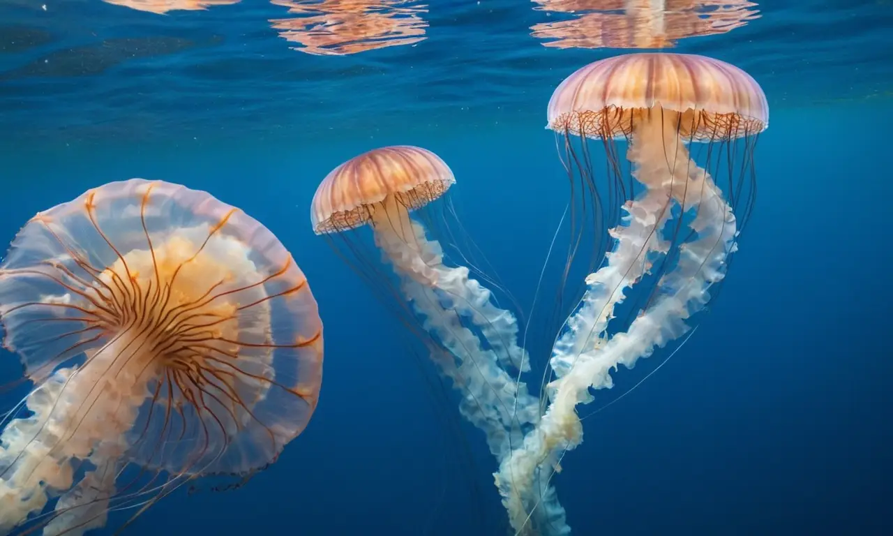 Medusas brillantes en un paisaje marino sereno