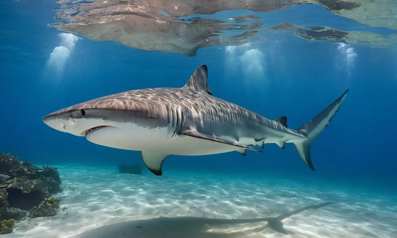 Remoras nadan junto a un majestuoso tiburón