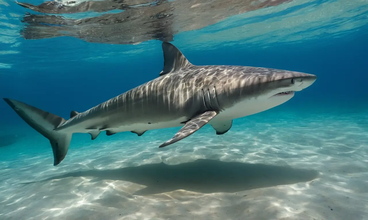 Remoras nadan junto a un gran tiburón