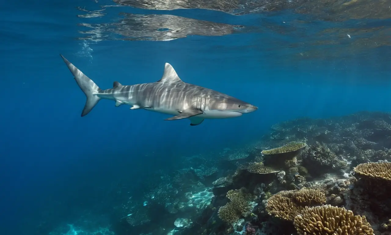 Oceano turquesa, remoras y tiburón en armonía