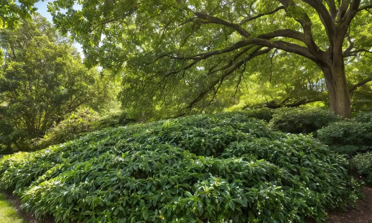 Árbol laurel resplandeciente en un paisaje cuidado