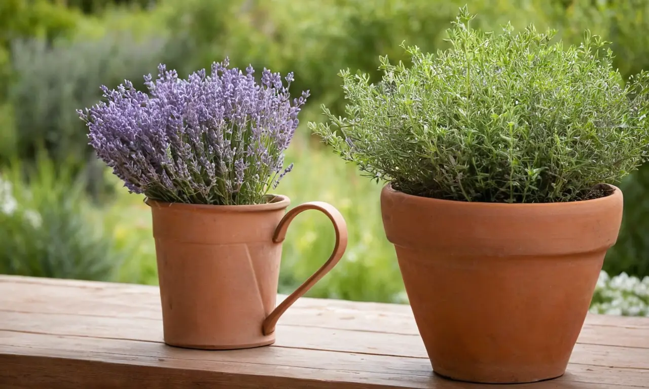 Planta de lavanda floreciente en maceta terracota