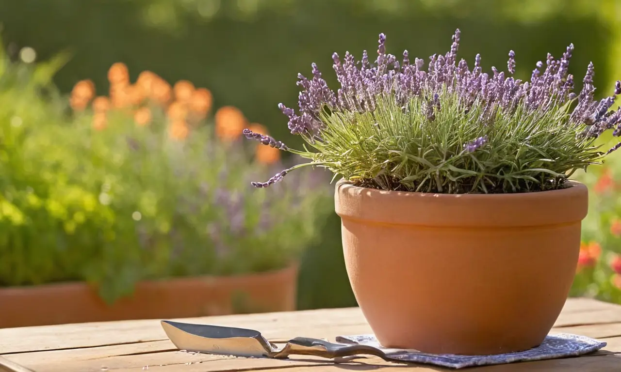 Mesa rústica con planta de lavanda vibrante