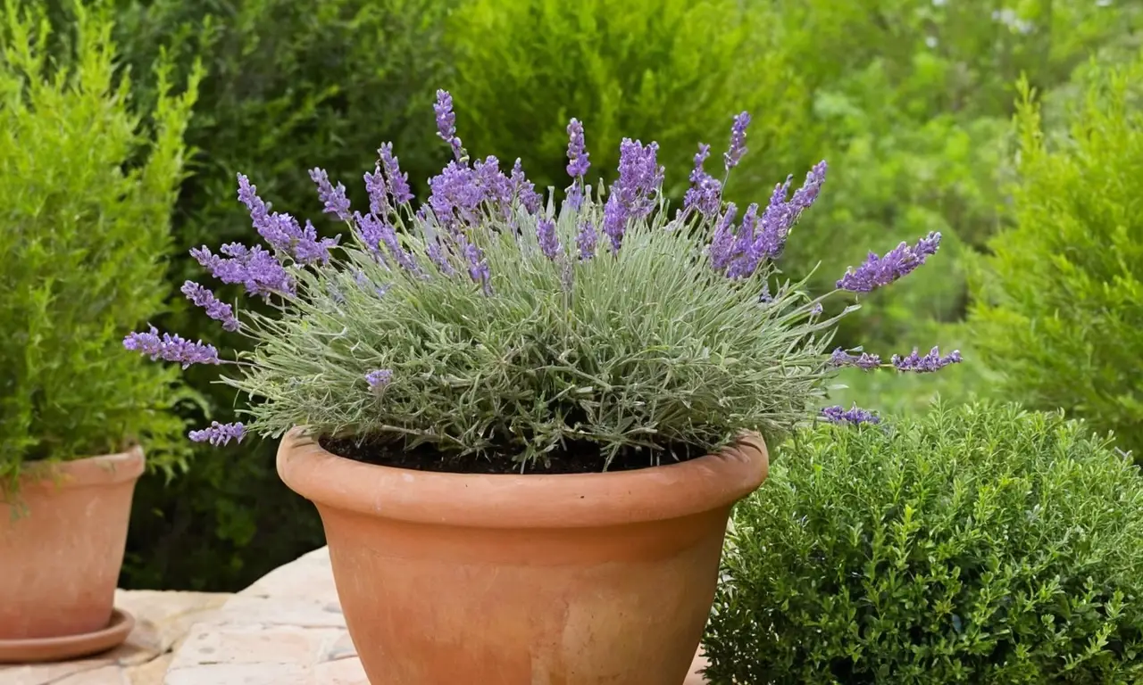 Lavanda floreciente en maceta de terracota
