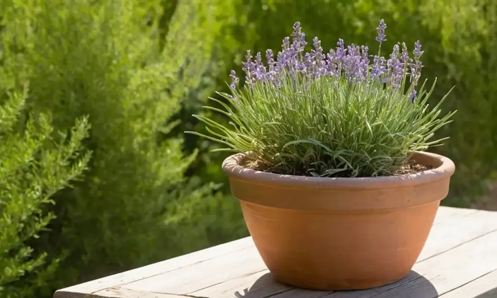 Maceta rústica con plantas flores y sol