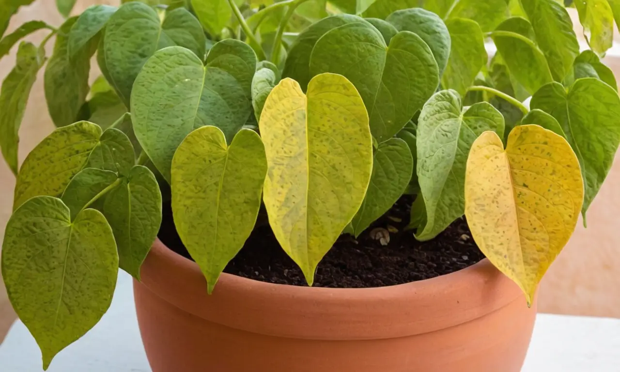 Planta exuberante en maceta rústica iluminada