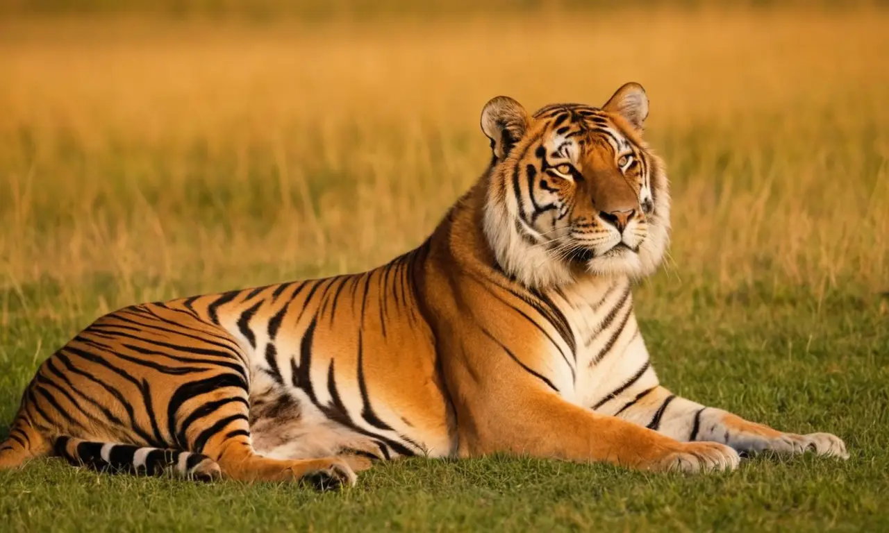 Ligre y tigon descansan en la savanna