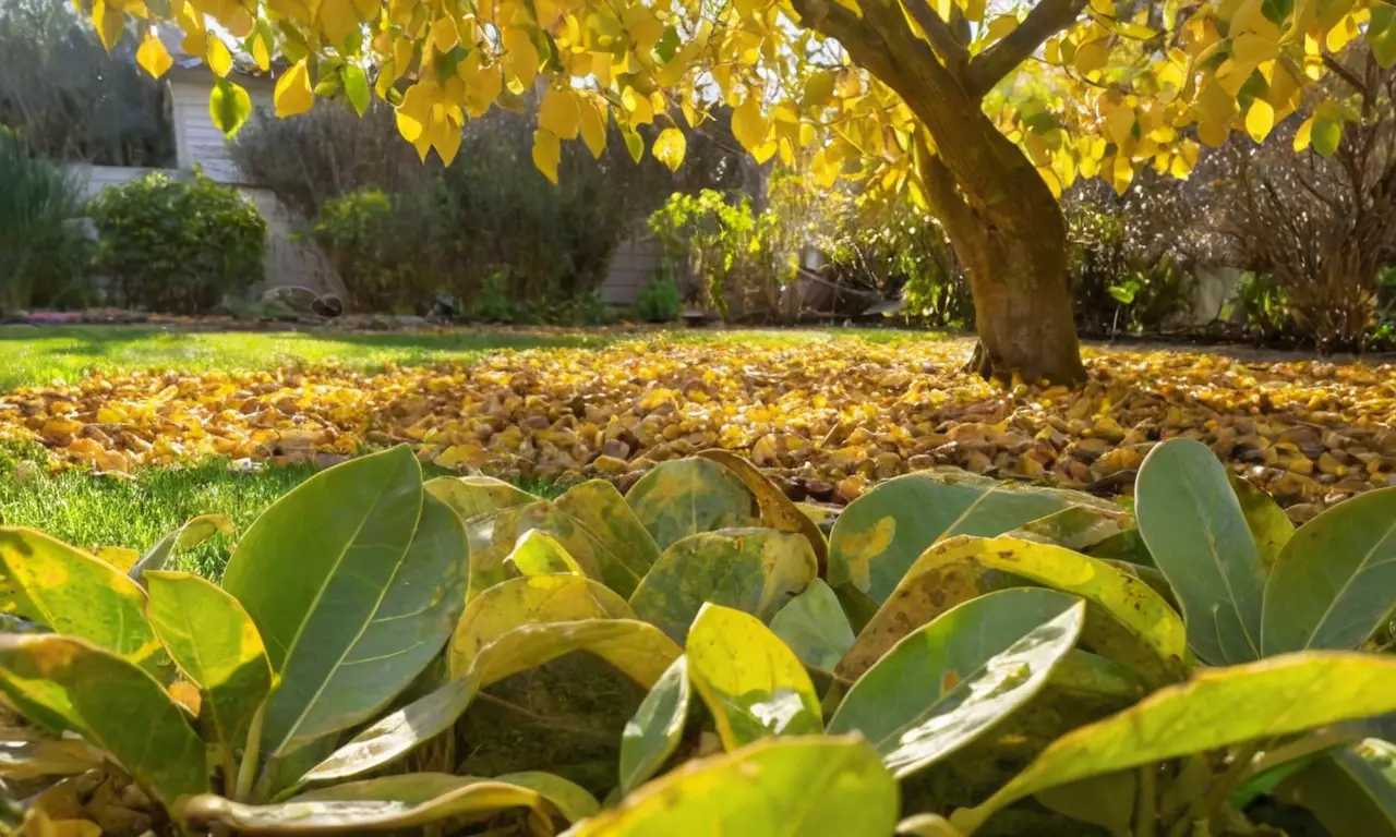 Jardín soleado con limonero y hojas amarillas