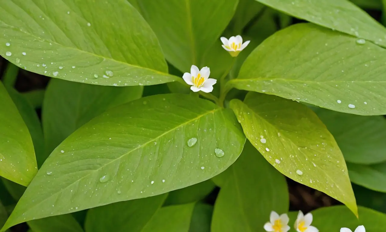 Hojas verdes brillantes con flores delicadas