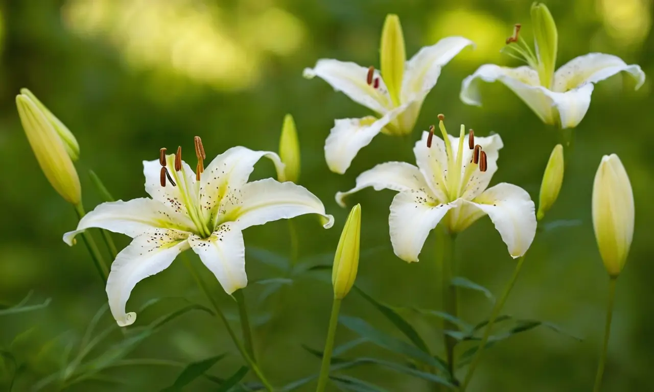 Lirios blancos brillan en un jardín soleado