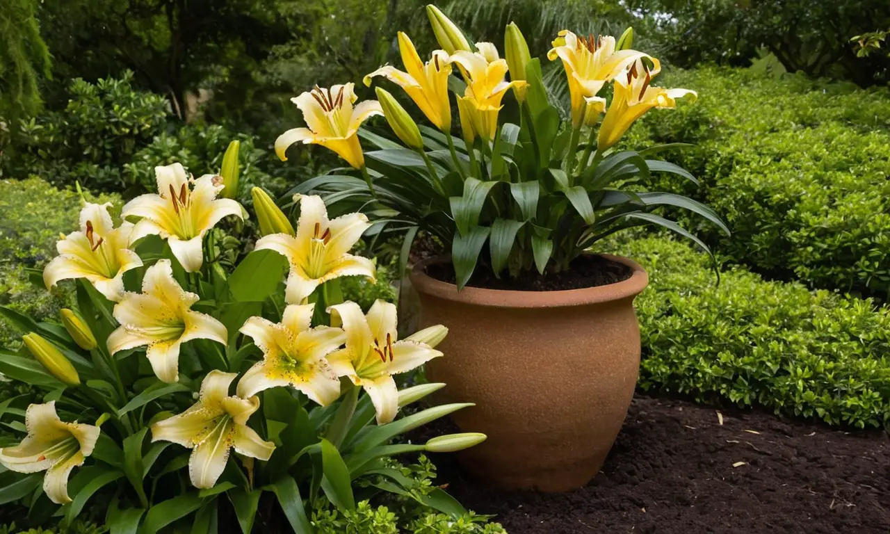 Jardín sereno con lirios y suelo rico