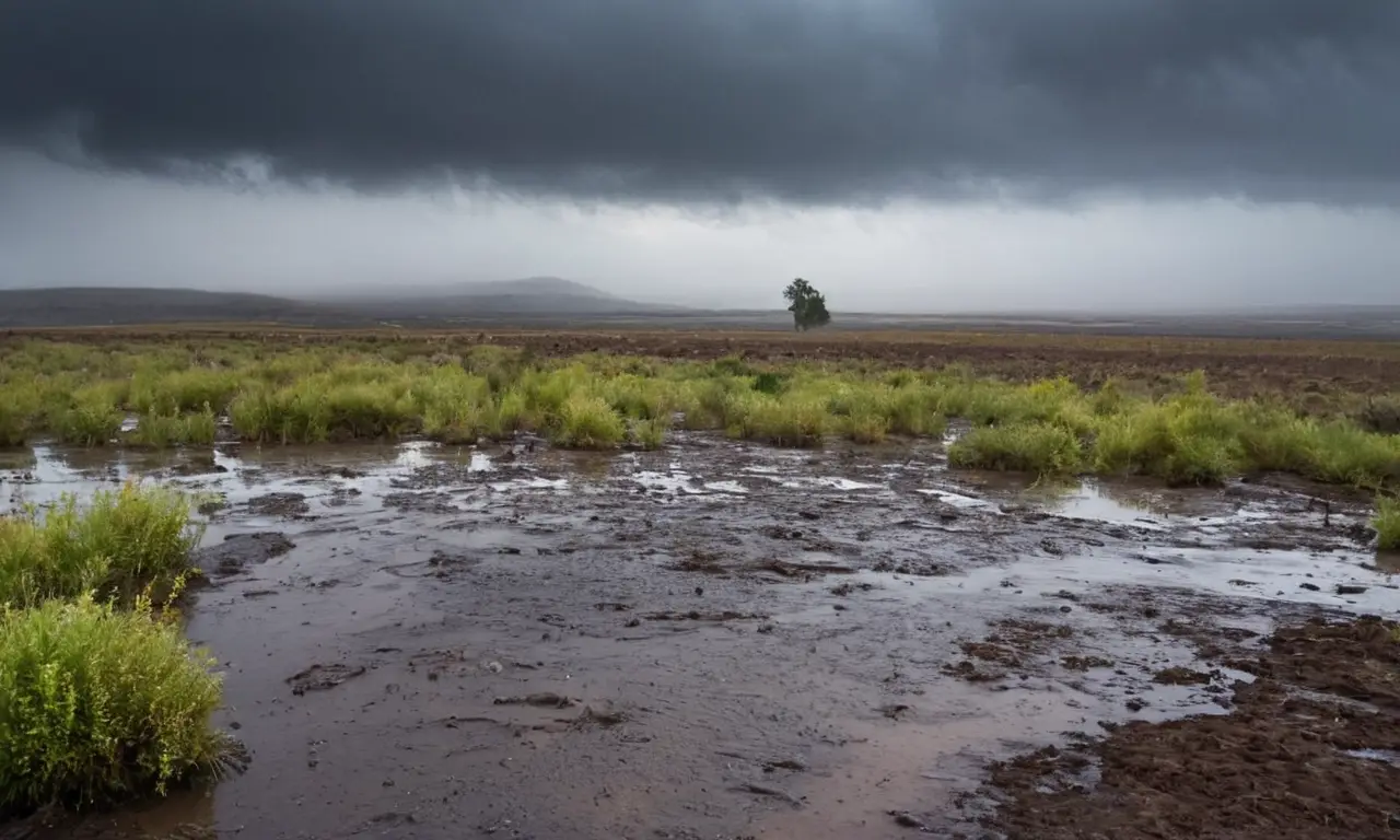 Cielo tormentoso y paisaje húmedo vibrante