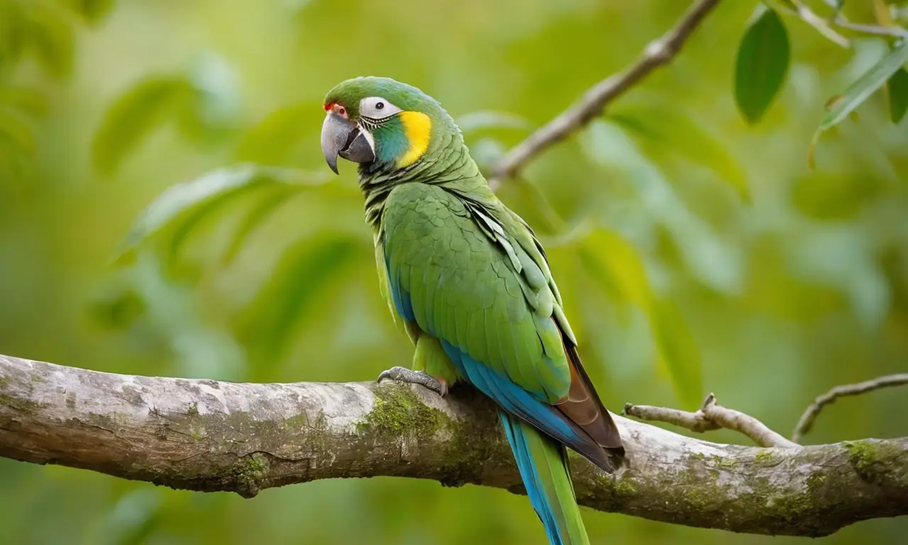 Un loro verde resplandece en su hábitat