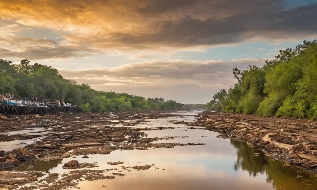 Río caótico con contaminación y fábricas cercanas
