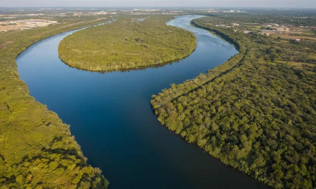 Río bello y contaminado en paisaje verde