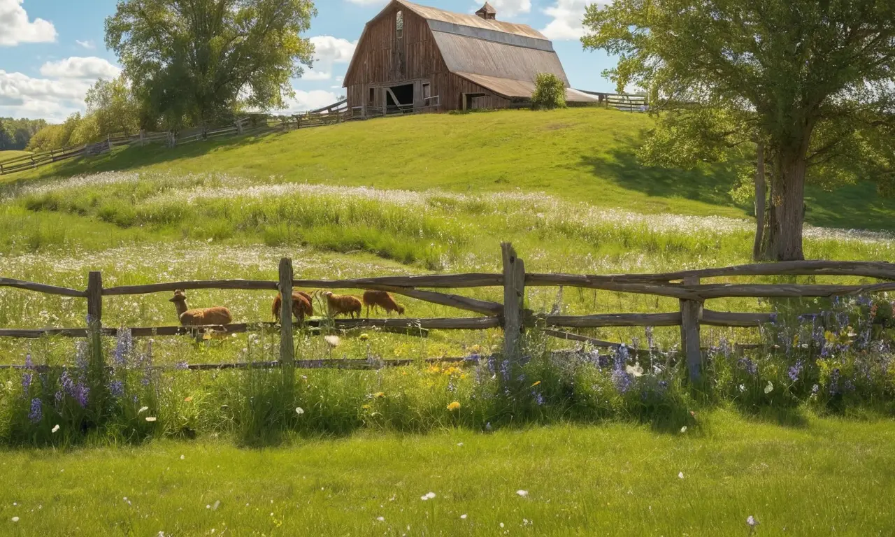 Escena rural vibrante con animales y naturaleza