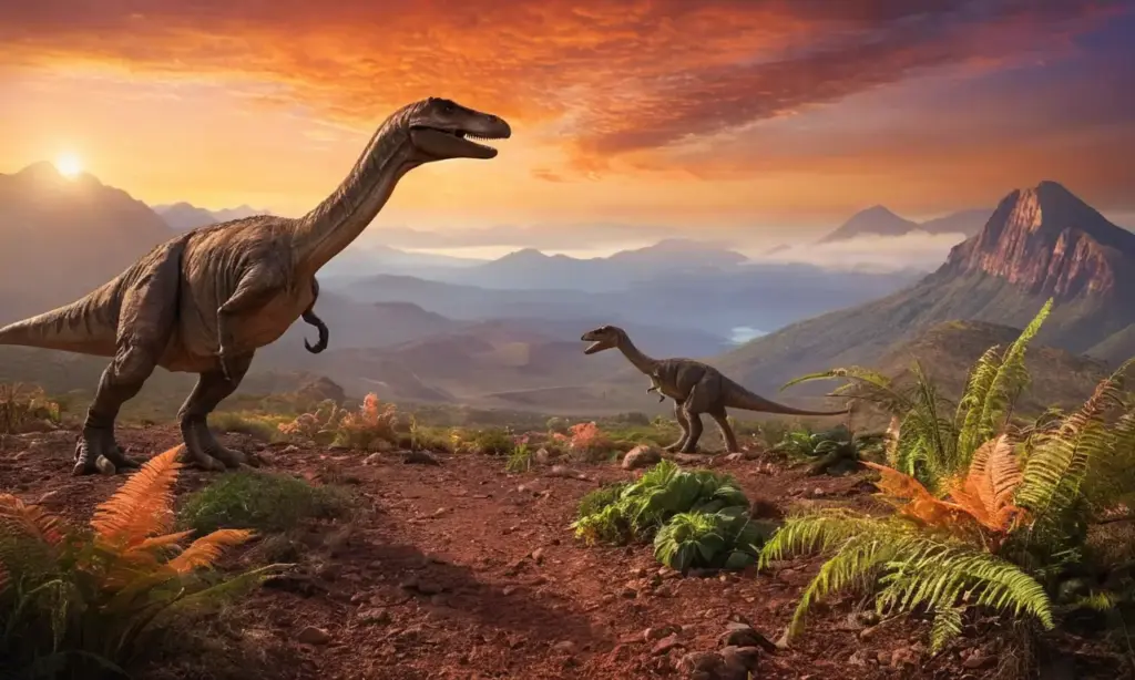 Paisaje prehistórico con dinosaurios y tensión
