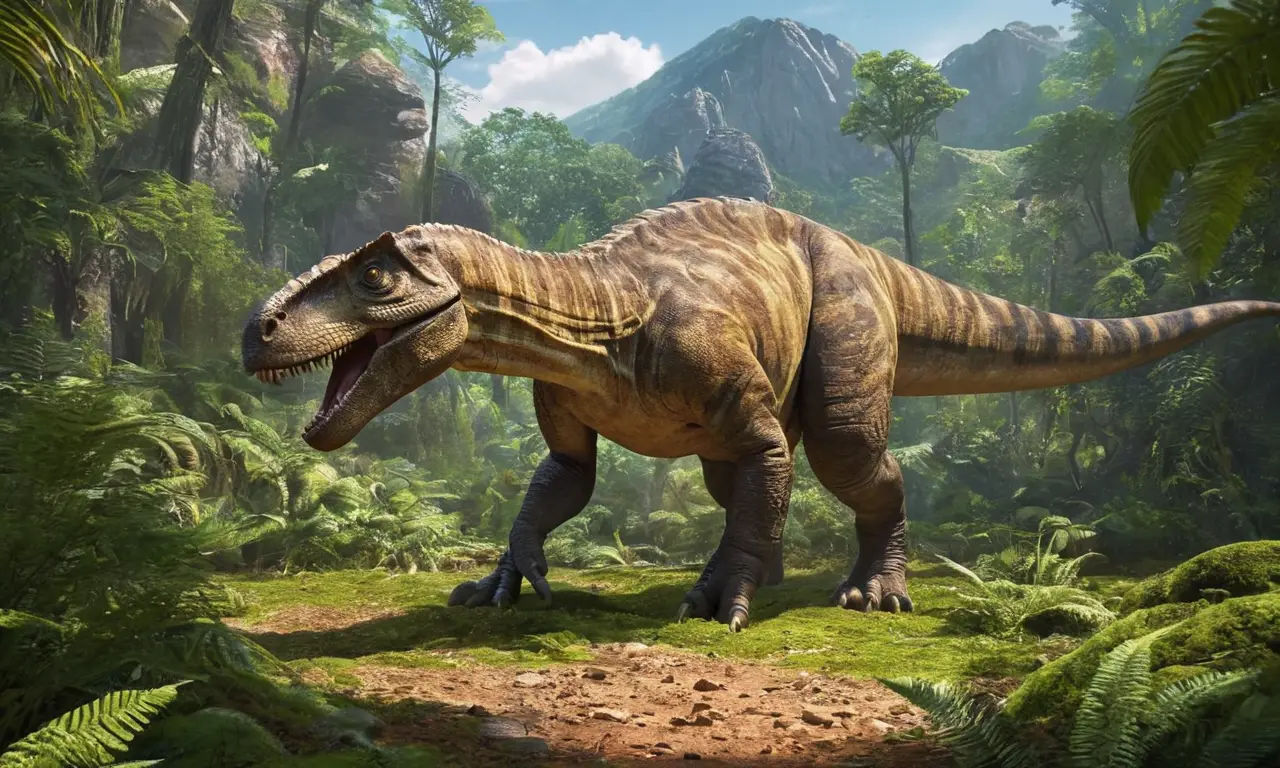 Escena prehistórica vibrante con diversos dinosaurios