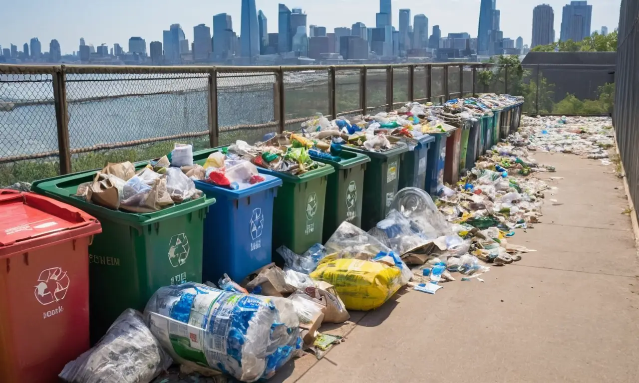 Estación de reciclaje urbana desordenada y colorida