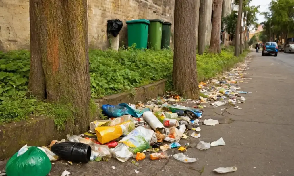 Escena urbana desordenada llena de basura