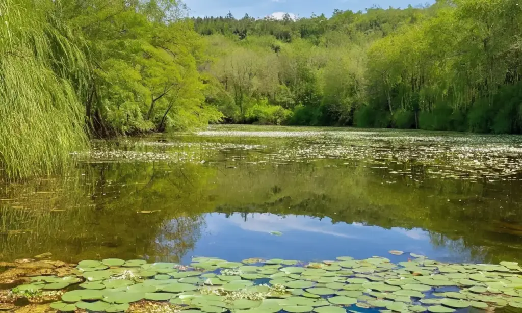 Lago sereno rodeado de vegetación y vida