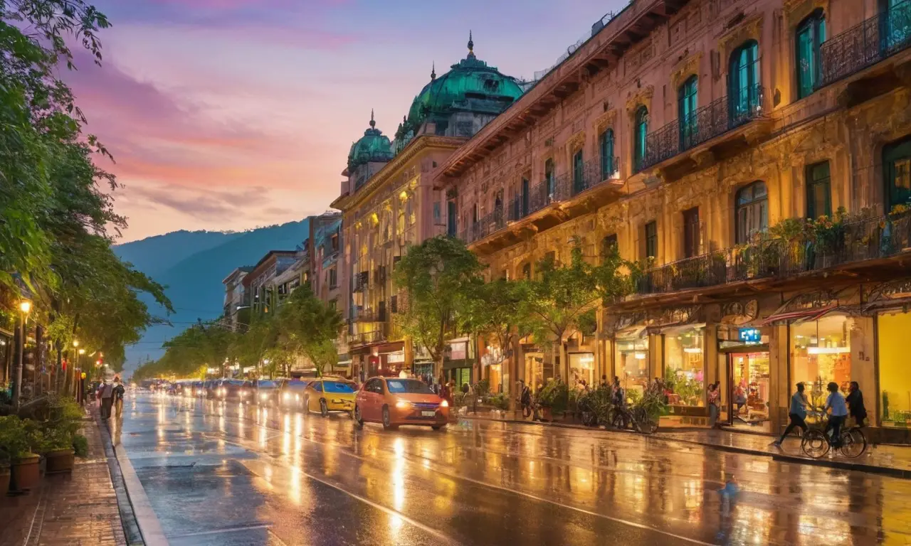 Ciudad vibrante al atardecer con diversidad