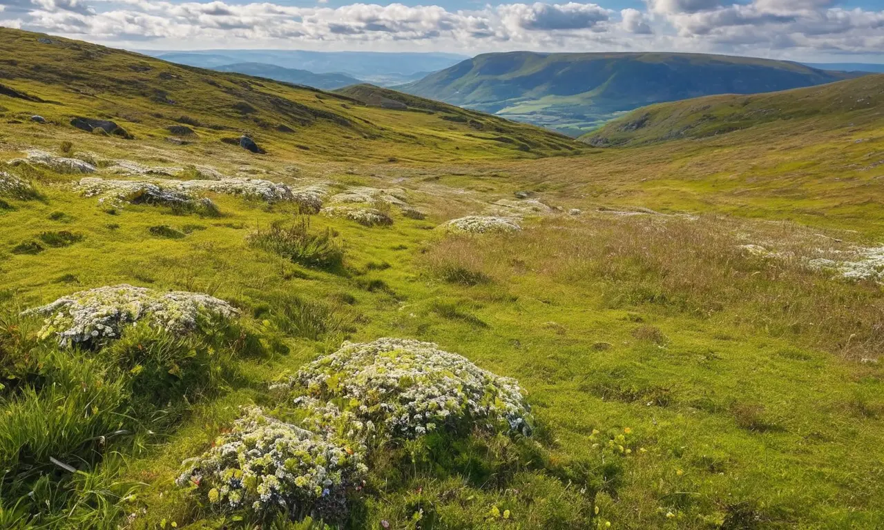 Paisaje verde con colinas, ríos y flores