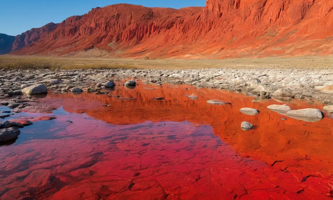 Lago rojo vibrante en paisaje árido