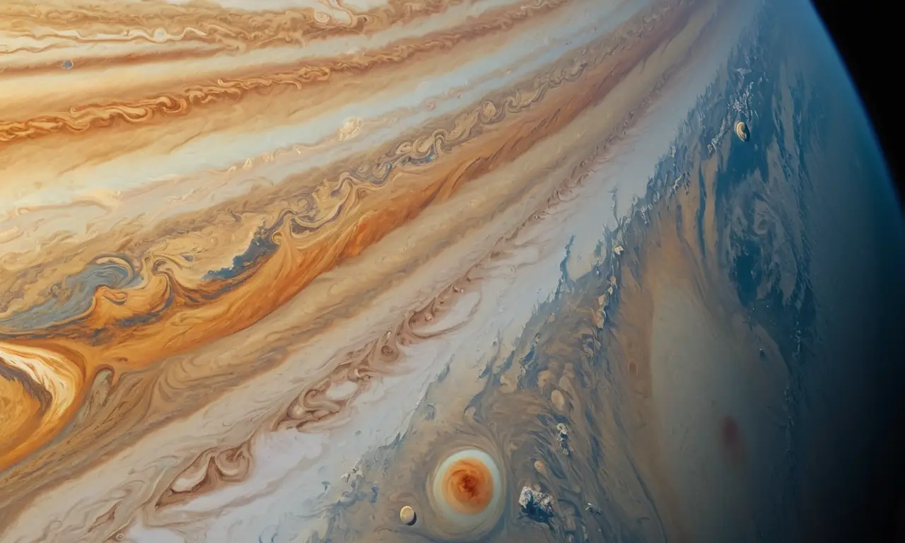 Júpiter y sus lunas en un fondo cósmico
