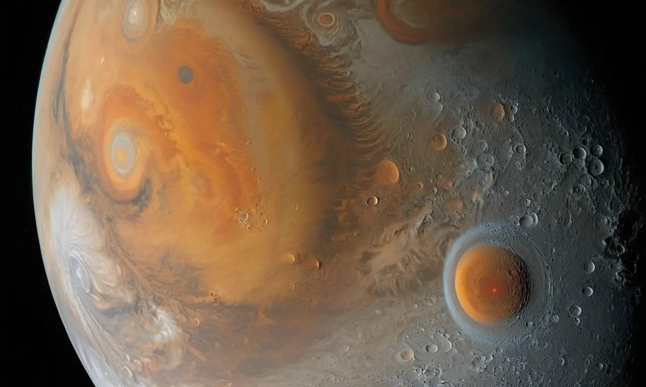 Júpiter y sus lunas en un vasto espacio