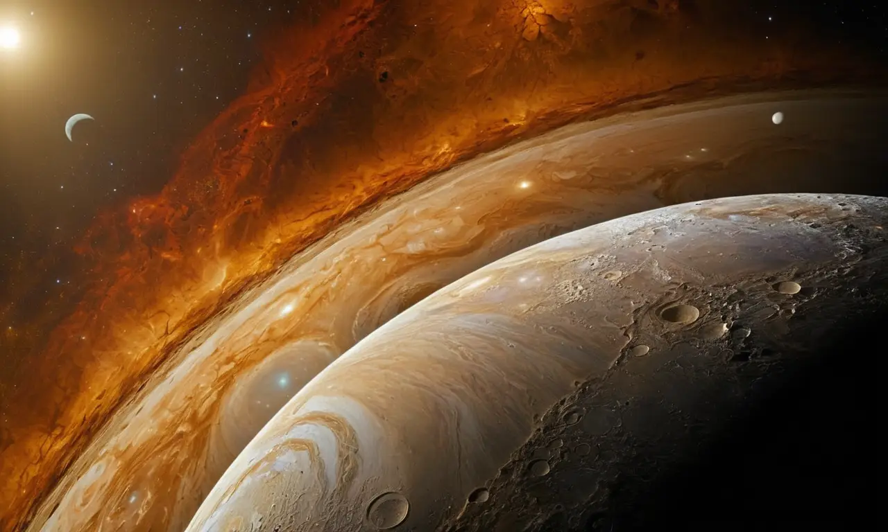 Espacio profundo con Júpiter y sus lunas
