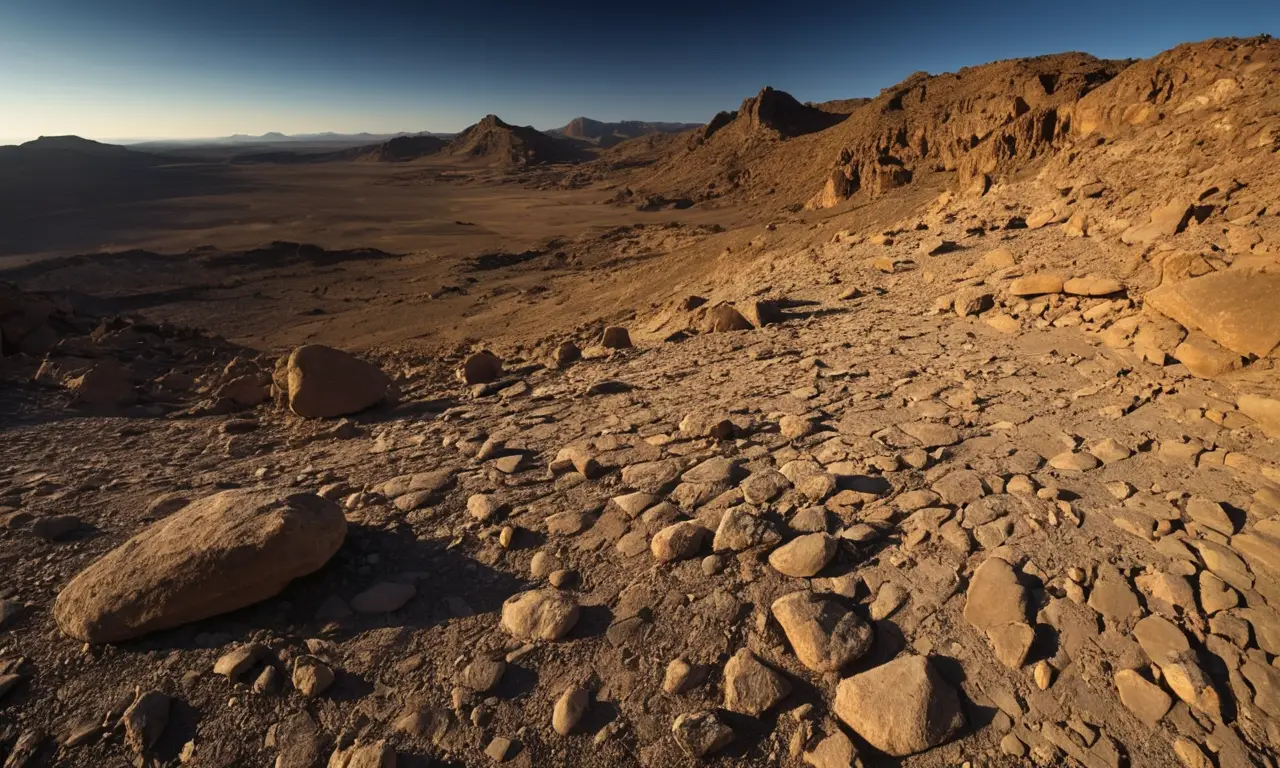 Desierto rocoso y desolado bajo un cielo negro