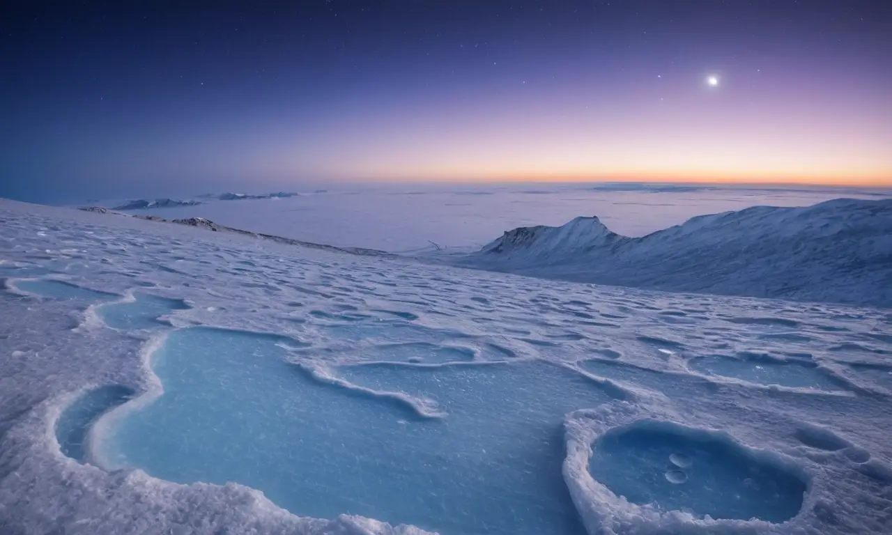 Paisaje helado de Tritón bajo un vasto cielo