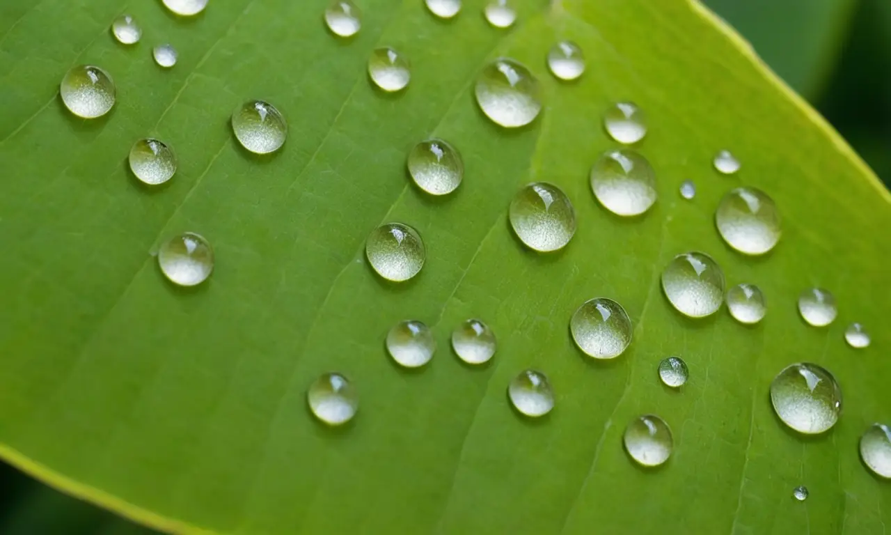 Hoja verde con gotas y mealybugs brillando