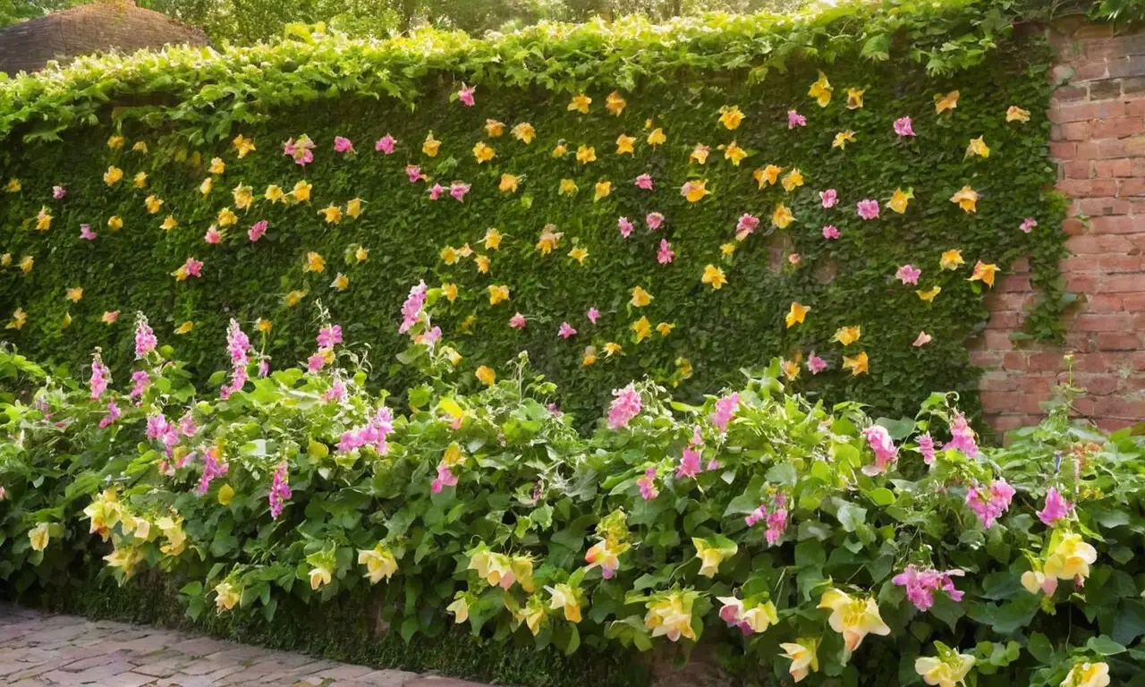Jardín iluminado con flores y enredaderas