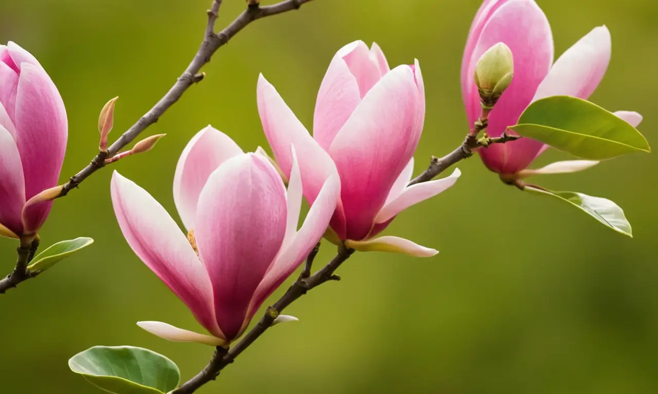 Magnolias rosa brillan bajo la luz primaveral
